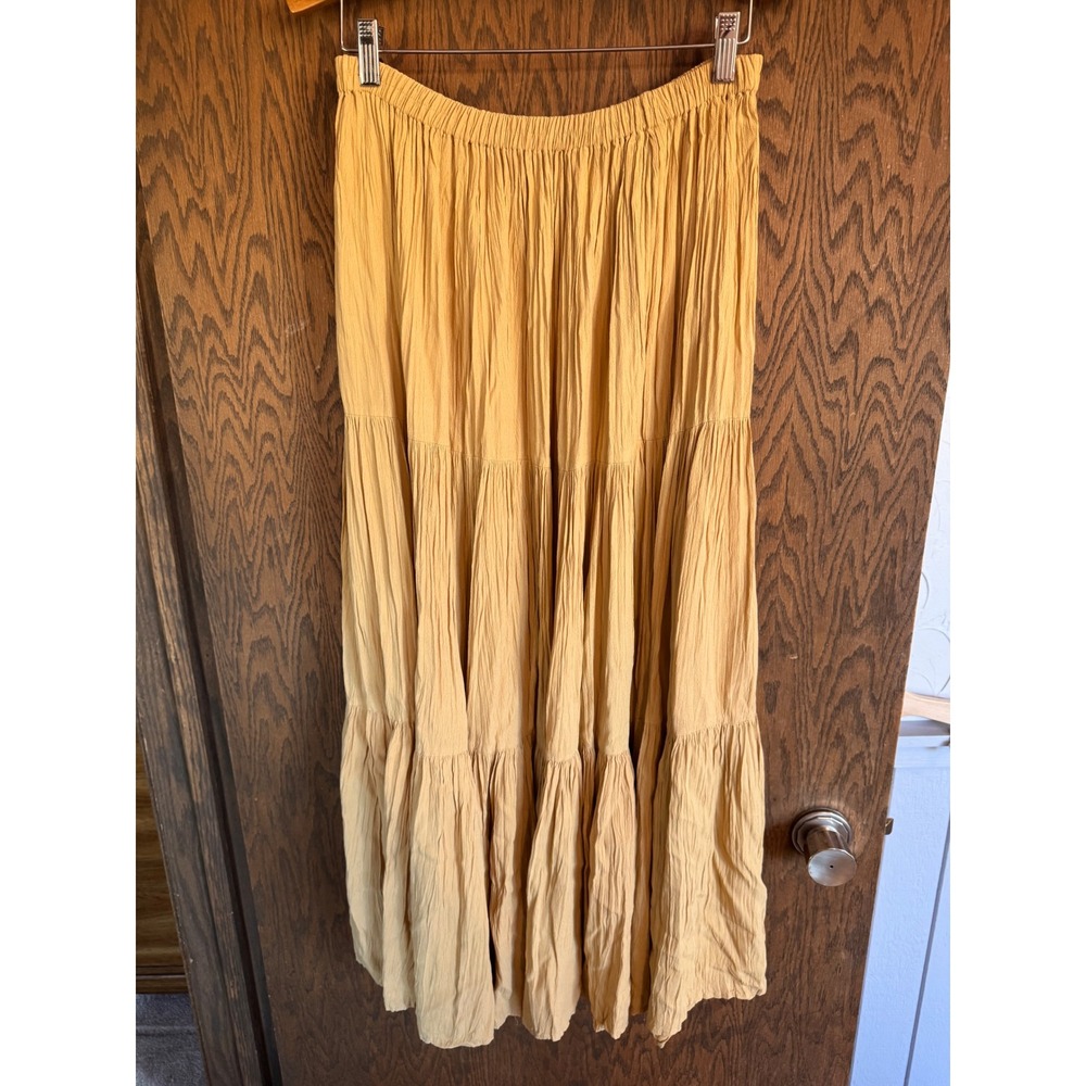 Double D Ranchwear Mustard Yellow Tiered Crinkle Rayon Maxi Skirt XS Western